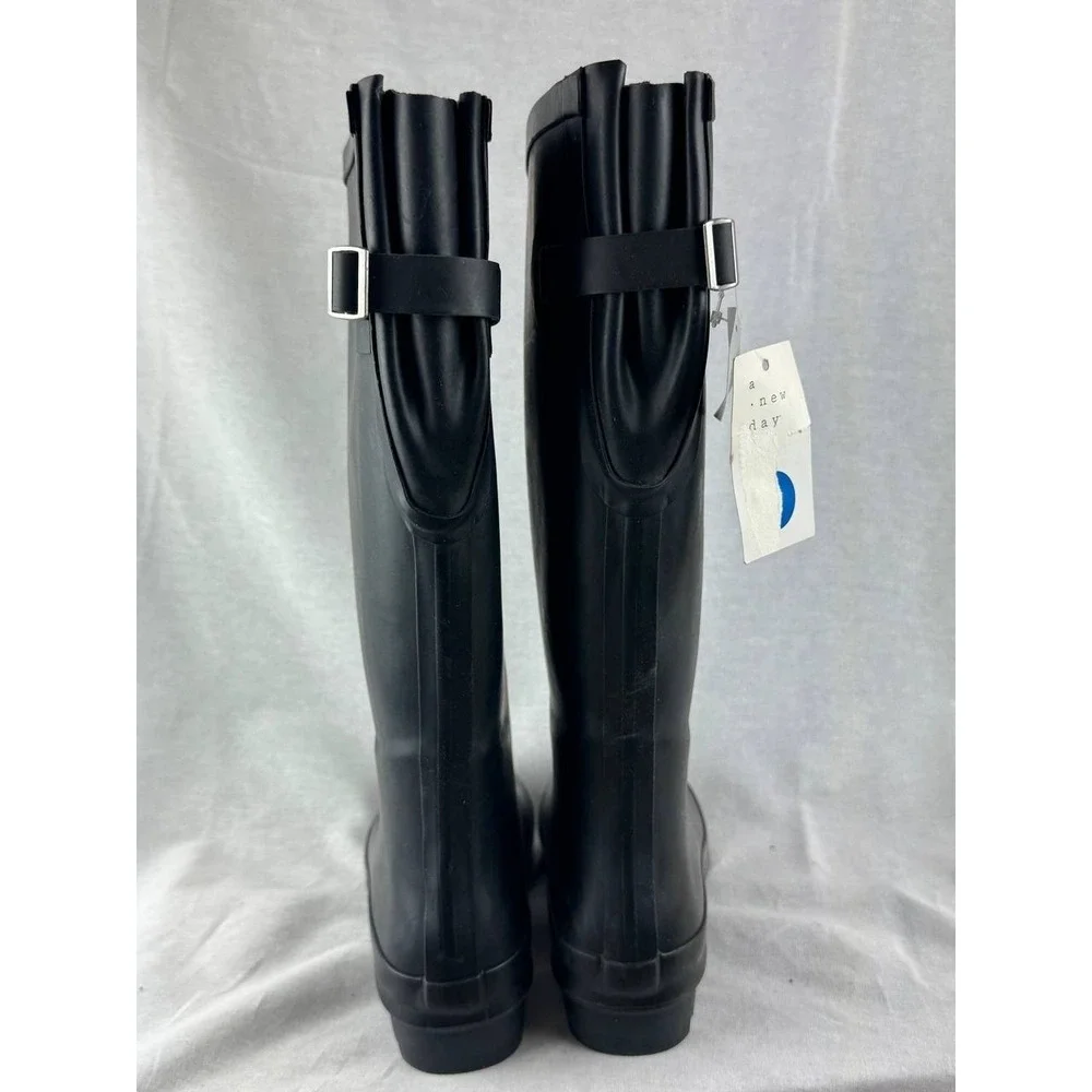 A New Day Womens Black Rubber Rain Boots Waterproof Tall Buckle Matte Size 7